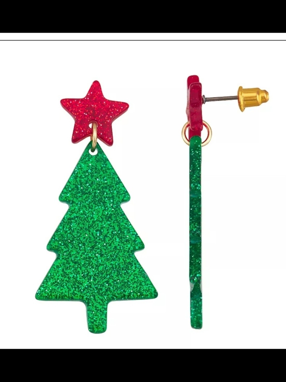 Glitter Christmas Tree Drop Earrings - Green & Red